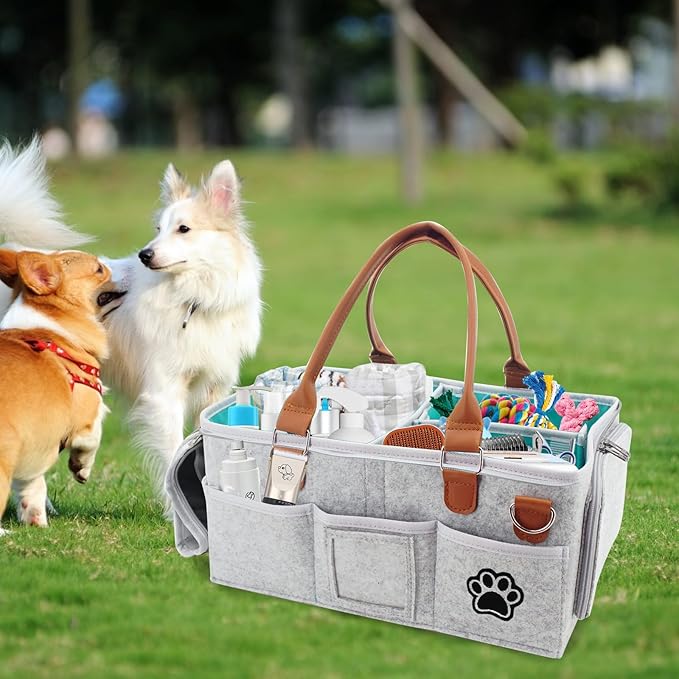 Brabtod Felt Dog Grooming Bag,Portable Tote Bag for Dogs Cats,Dog Storage Organizer for Grooming Tool Kit,3 Compartments Pet Stuff Oganizers with 8 Pockets-Grey