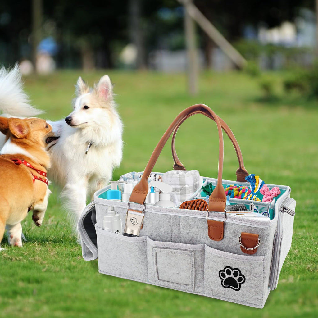 Brabtod Felt Dog Grooming Bag,Portable Tote Bag for Dogs Cats,Dog Storage Organizer for Grooming Tool Kit,3 Compartments Pet Stuff Oganizers with 8 Pockets-Grey