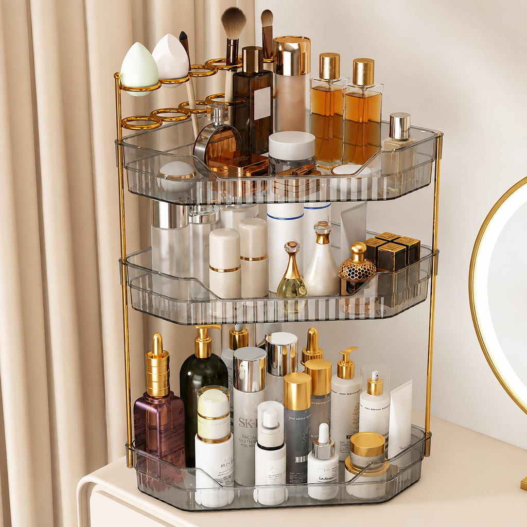 ZZWILLB Corner Bathroom Counter Organizer with Makeup Brush Holder & Toothbrush Holders, Makeup Organizer for Vanity Countertop, Acrylic Skincare Storage Shelf (Amber, 2-Tier)