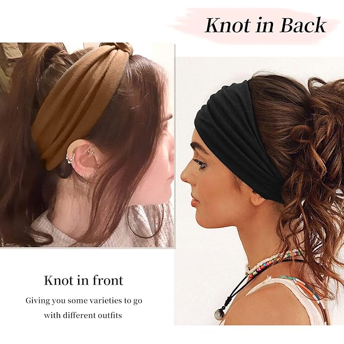 Huachi Wide Headbands for Women Black Stylish Head Wraps Boho Thick Hairbands Large African Sport Yoga Turban Headband Hair Accessories (Pack of 4)