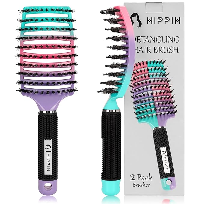 Boar Bristle Hair Brush Set of 2, HIPPIH Wet & Dry Hair Brushes Made by Fine Natural Boar Hair Can Adds Shine and Smoothing, Detangling Hairbrush for Women, Men & Kids' Long Curly Thick Hair