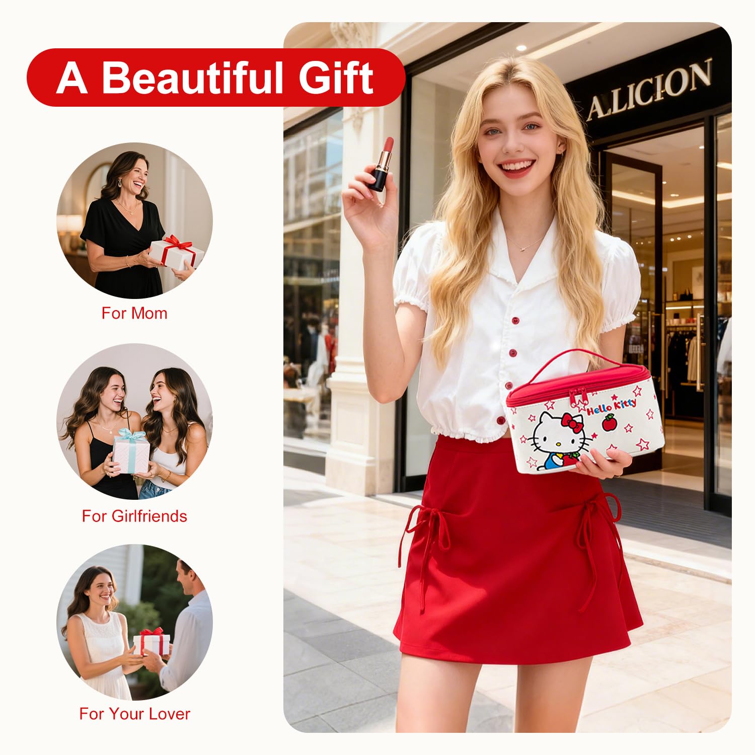 AmBealla Cosmetic Bag Large Makeup Travel Case with Brush Holder,Waterproof Makeup Bag Organizer with Hanging Hook,Travel Toiletry Bag for Women,Sweet&Stylish for Girls,Red Apple
