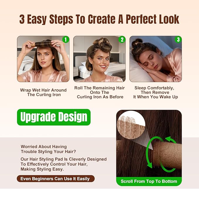 BLAAROOM Overnight Heatless Hair Curler, Upgraded with Hair Pad Grippers Satin Jumbo Flexi Blowout Curls Rods, 3pcs No-Heat Styling Tools Curling Rod to Sleep in for All Hair Types - Khaki