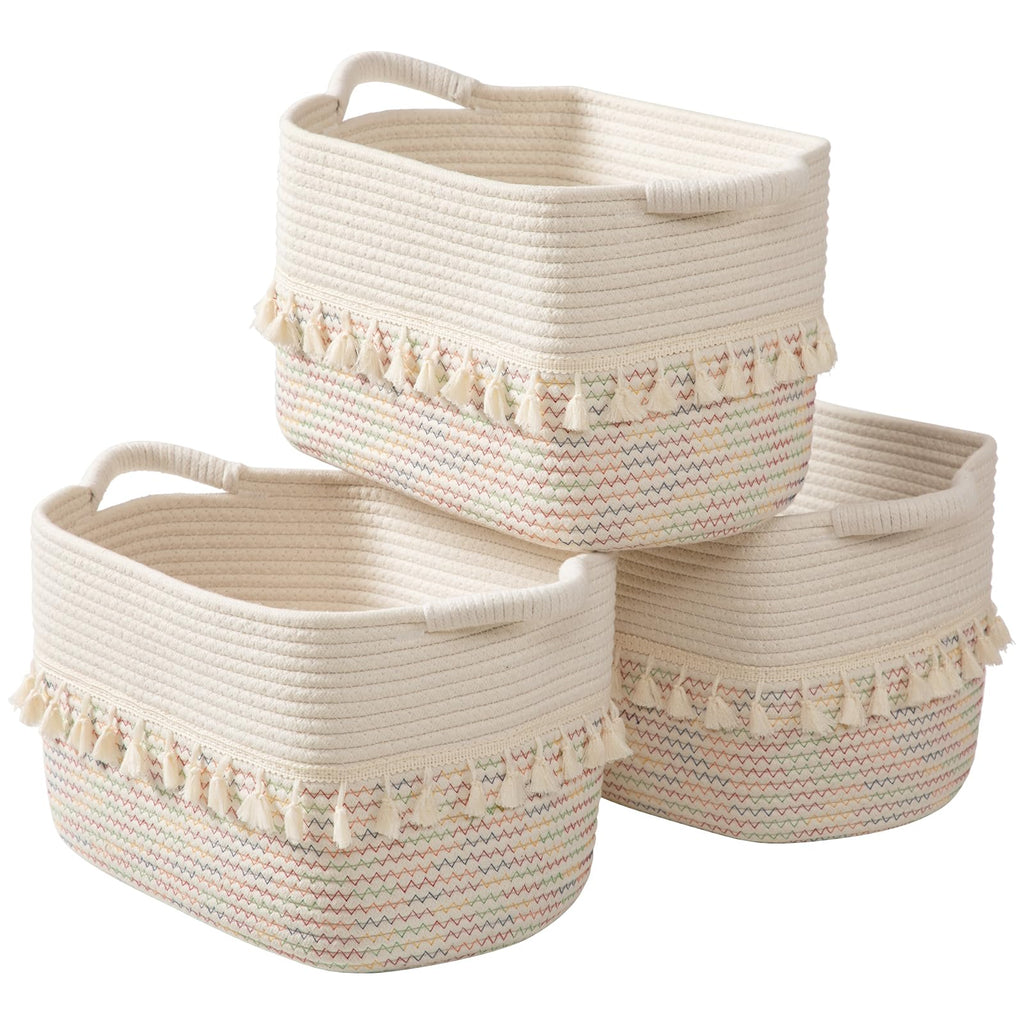 TeoKJ Woven Baskets for Storage, Set of 3 Cotton Rope Basket with Handle for Decor and Storage, Cute Baskets for Organizing in Classroom, Kitchen, Bathroom, White & Stitches Rainbow