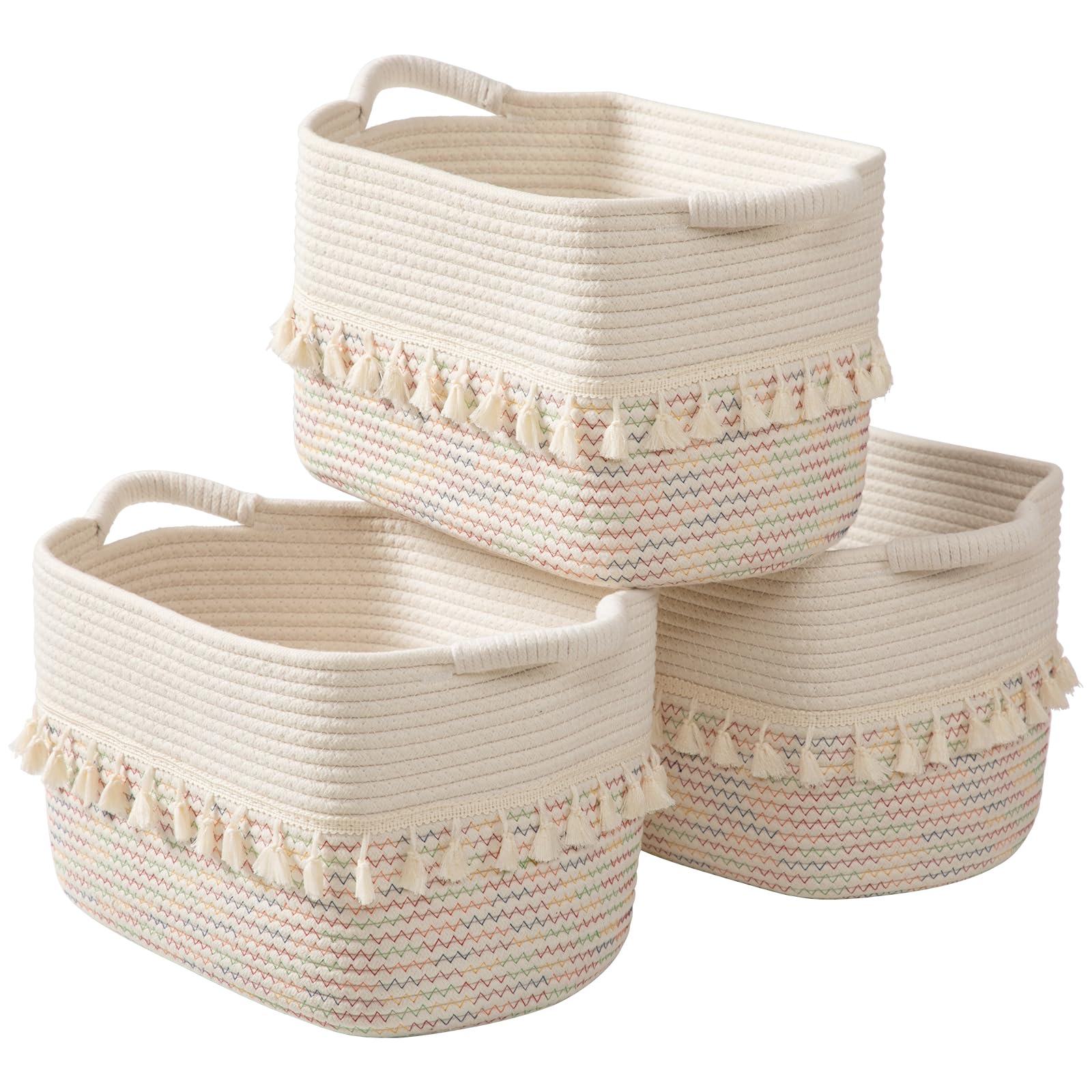 TeoKJ Woven Baskets for Storage, Set of 3 Cotton Rope Basket with Handle for Decor and Storage, Cute Baskets for Organizing in Classroom, Kitchen, Bathroom, White & Stitches Rainbow
