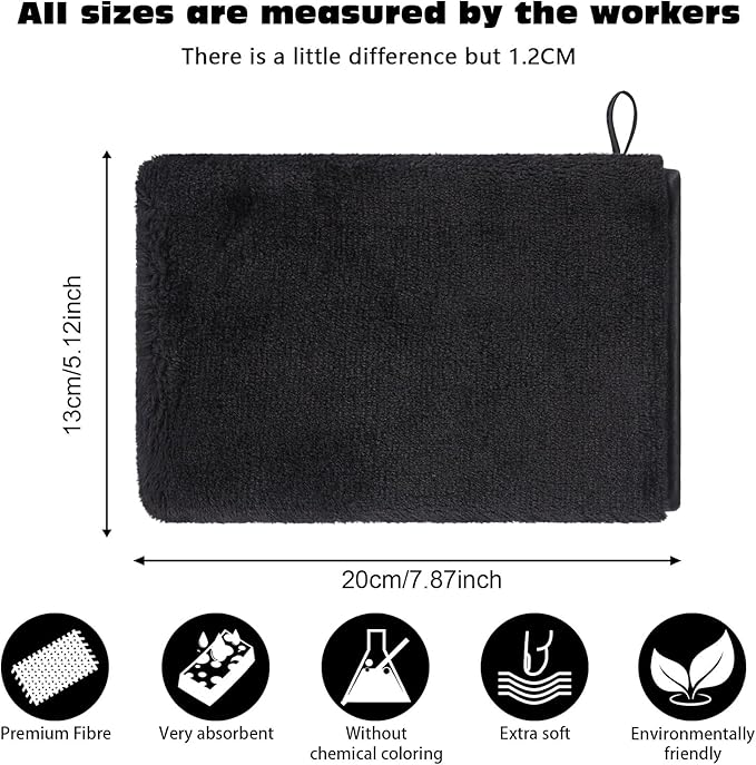 PHOGARY 6 Pack Microfiber Face Washcloths Facial Wash Mitts, 7.8"x5.1" Soft Flannel Towel for Washing Face, Reusable Makeup Remover Absorbent Easy-Dry Puffy Washcloths with Hanging Loop, Black