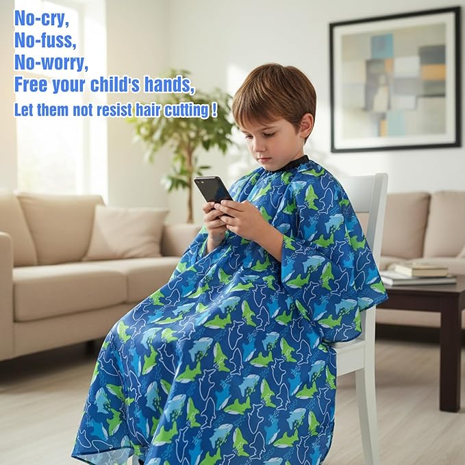 Hair Cutting Cape Kids, Adjustable Snap Barber Hair Cutting Cape Kids with Cute Shark Print, Full Coverage Barber Capes For Kid for Home Haircutting and Professional Salon