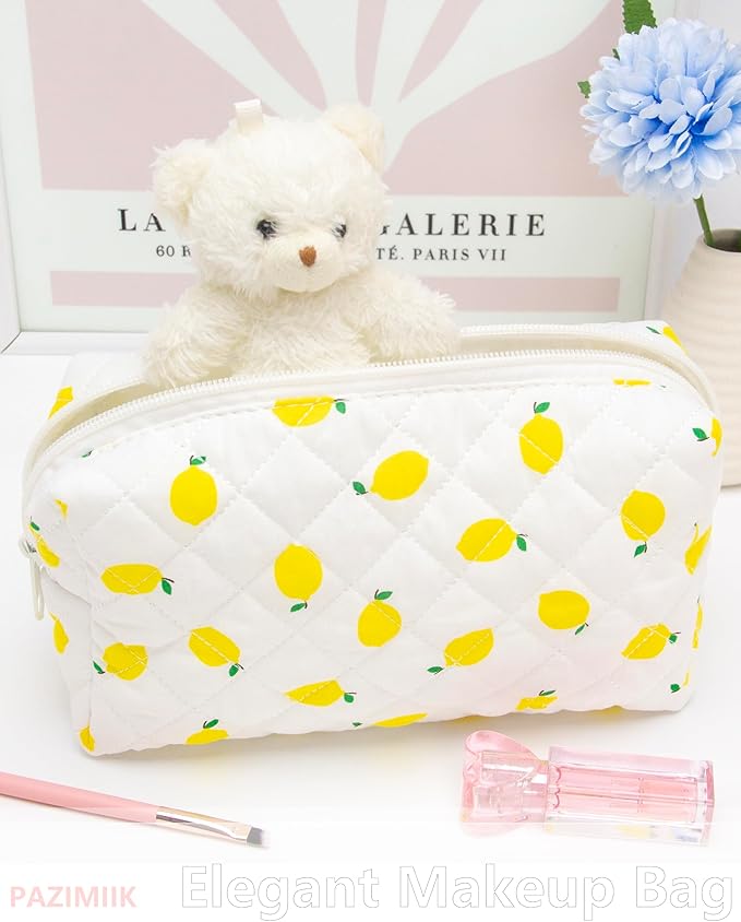 PAZIMIIK Small Quilted Makeup Bag,Zipper Cosmetic Pouch,Lemon White