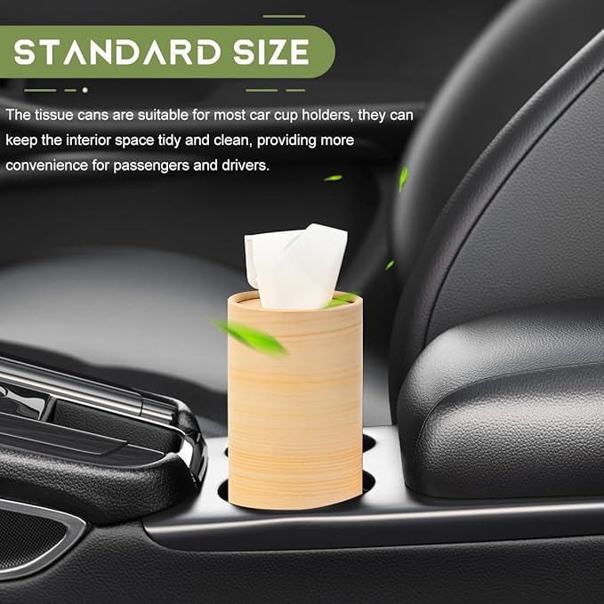 4 PCS Car Tissue Holder, Quick Convenient Refill Cylinder Facial Tissue Holder, Travel Tissues Box Round Container Suitable for Car Cup Holder, Universal Car Accessories (Wood)