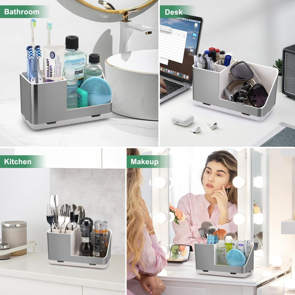 PARKMANI Toothbrush Holders for Bathroom Countertop Organizer, Brushed Nickel Tooth Brush Holder, Kids Electric Toothbrush and Toothpaste Holder with Drainage (Brushed Silver)