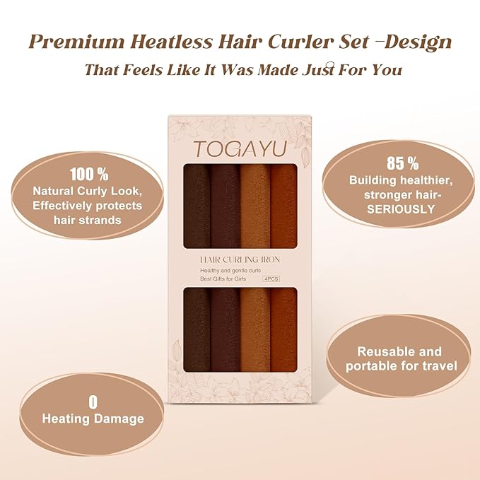 Togayu Heatless Curls Overnight Set - 8PCS Jumbo Velvet Hair Rollers to Sleep In, Soft Flexi Rods for No Damage Curls and Waves