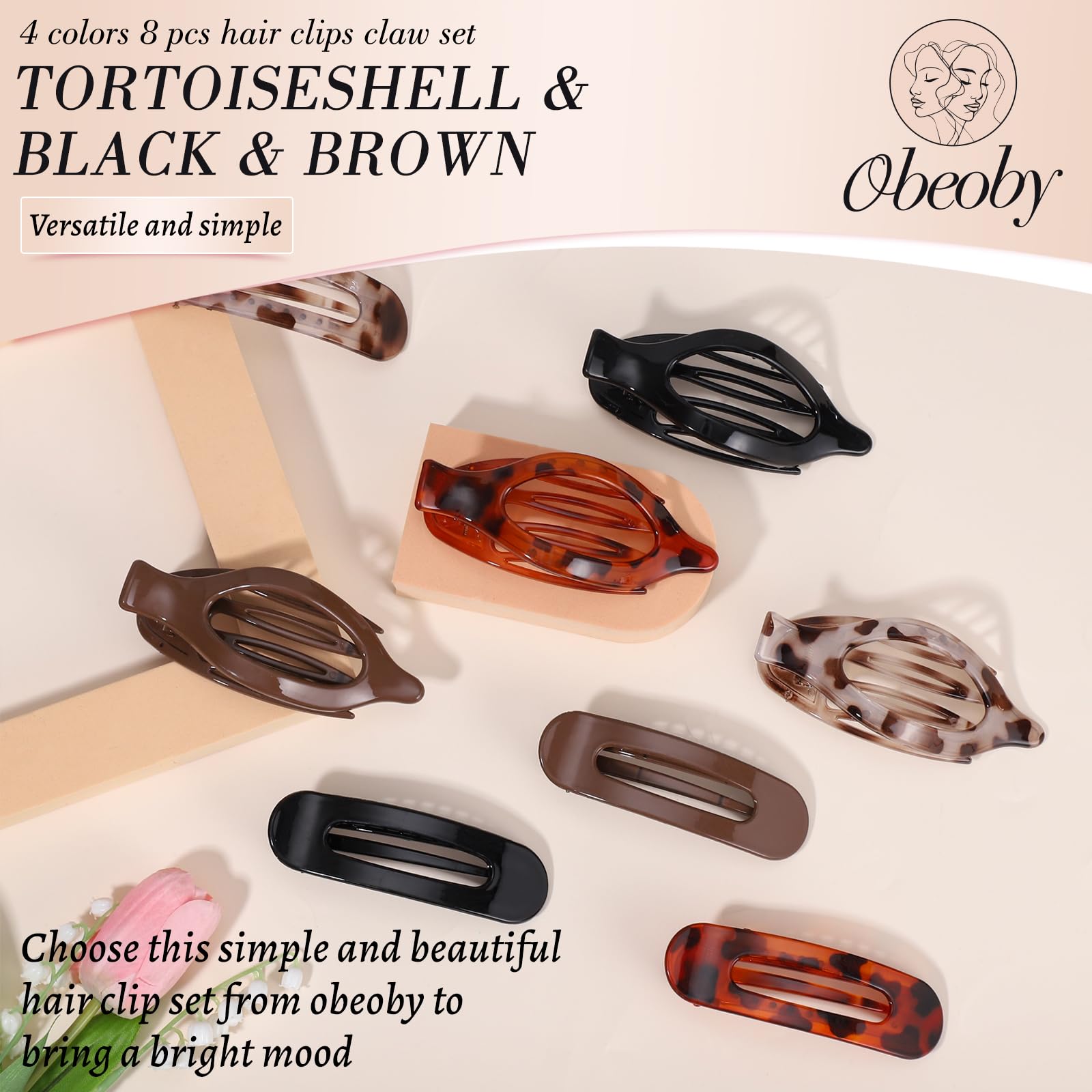 obeoby 8 Pcs Flat Hair Claw Clips For Women, 2 Styles French Barrettes Set
