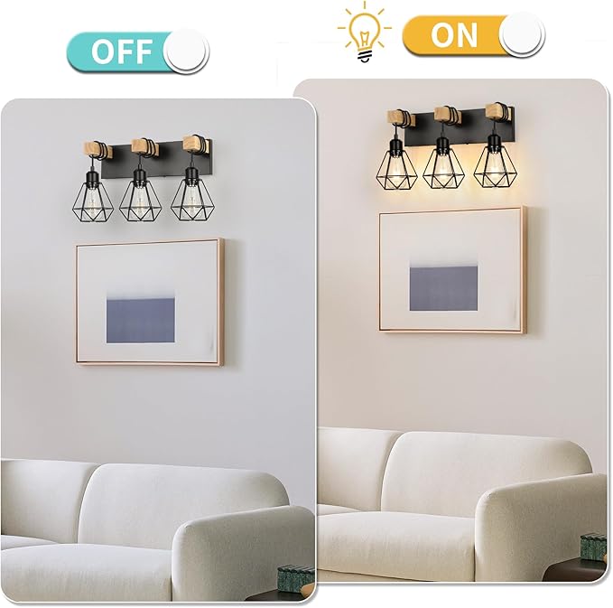 3-Light Farmhouse Vanity Light, Industrial Wood Bathroom Light Fixtures Over Mirror, Metal Lampshade for Bathroom, Hallway, Living Room