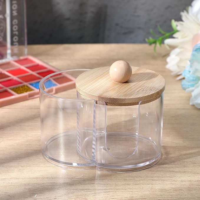 Quilax Cotton Round Holder, Dual Compartment Qtips Dispenser with Removable Dustproof Lid, Clear Plastic Cotton Pad Holder, Countertop Cottons Ball Holders Storage Container