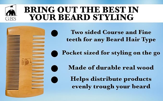 G.B.S 2-Sided Dual Action Fine and Coarse Teeth Beard Comb Wood Durable, Pack of 3