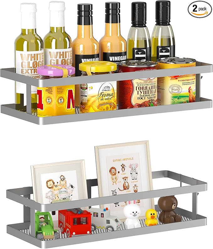 PUSDON 2-Pack Minimalist Shower Caddy Wall Mount, Open Frame Bathroom Shelf Organizer with Mesh Base, Rustproof Floating Spice Rack for Kitchen, Holds 50 LBS, 4 Hooks - Silver Gray, Guardrail