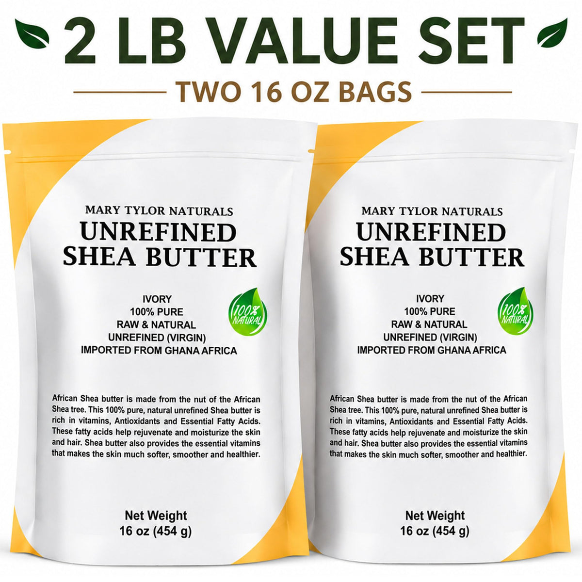 Mary Tylor Naturals Pure Shea butter 2 lb Raw, Unrefined, Ivory From Ghana Africa — Great for Hair, Skin and DIY projects