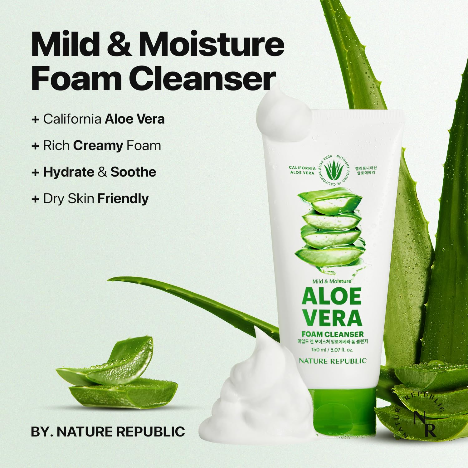 Nature Republic Mild & Moisture Aloe Vera Foam Cleanser | Hydrating Facial Cleanser, Gentle Makeup Remover & Pore Cleansing Face Wash, Korean Skincare for All Skin Types (150ml / 5.07 fl oz)