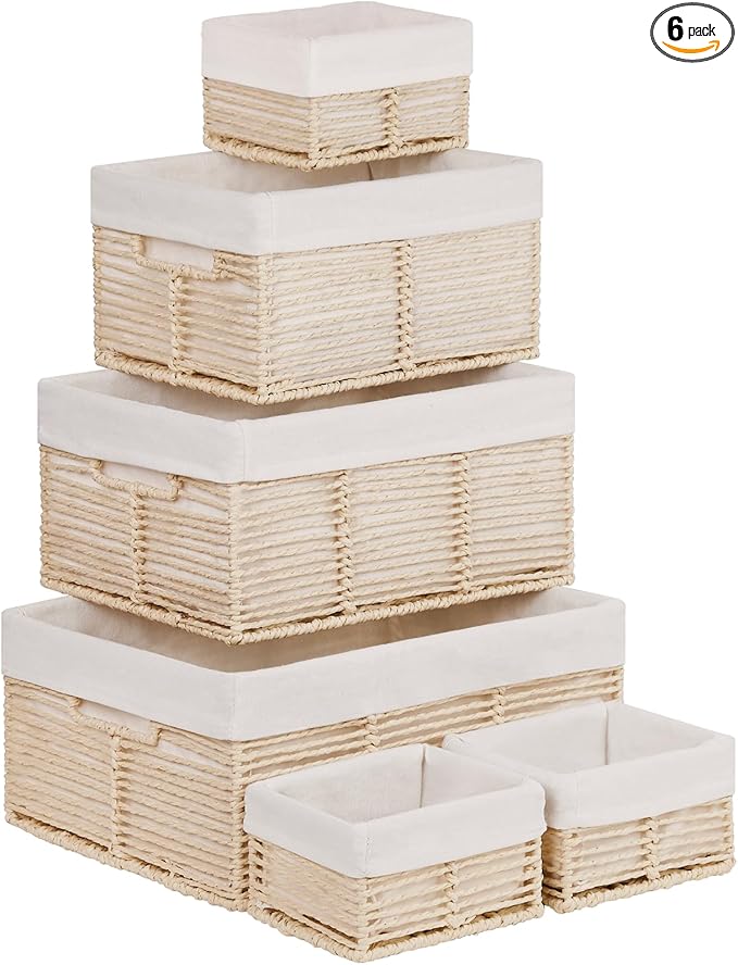 Vagusicc Wicker Storage Baskets, 6 Pack Baskets for Organizing, Wicker Basket with Handle, Rectangular Basket for Storage Shelves, Cube Storage Bins for Closet/Clothes/Dresser, Beige