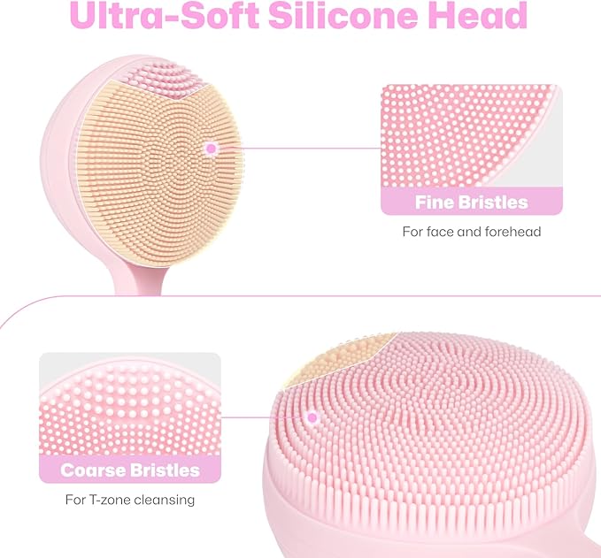 PRITECH Facial Cleansing Brush with Vibrating, Rechargeable Silicone Face Scrubber for Deep Pore Cleaning, Exfoliator & Waterproof Face Brush with Heat End for for Women and Men (Pink)