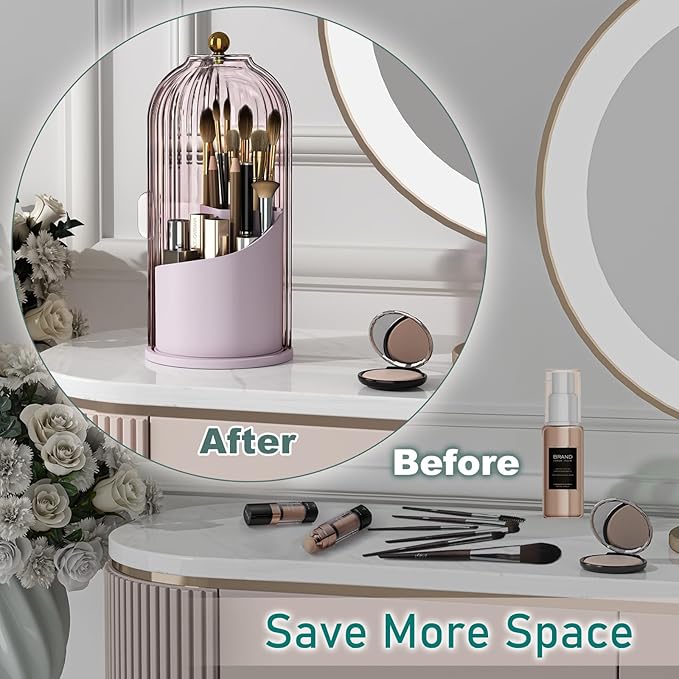 GAXmi Makeup Brush Holder with Lid Rotating Cosmetic Organizer, Pink-Purple