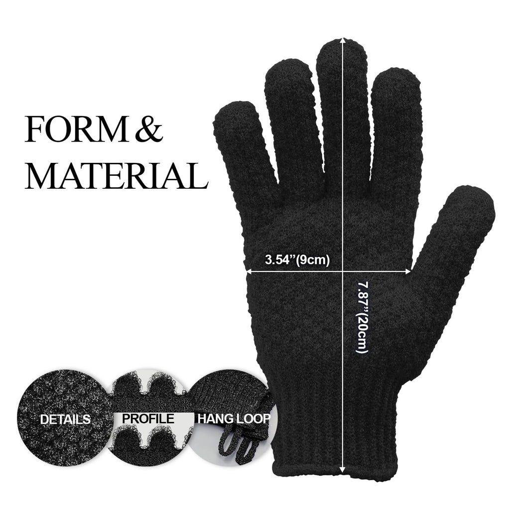 Evridwear Exfoliating Dual Texture Bath Gloves for Shower, Spa, Massage and Body Scrubs, Dead Skin Cell Remover, Gloves with Hanging Loop (1 Pair Black Heavy Glove)