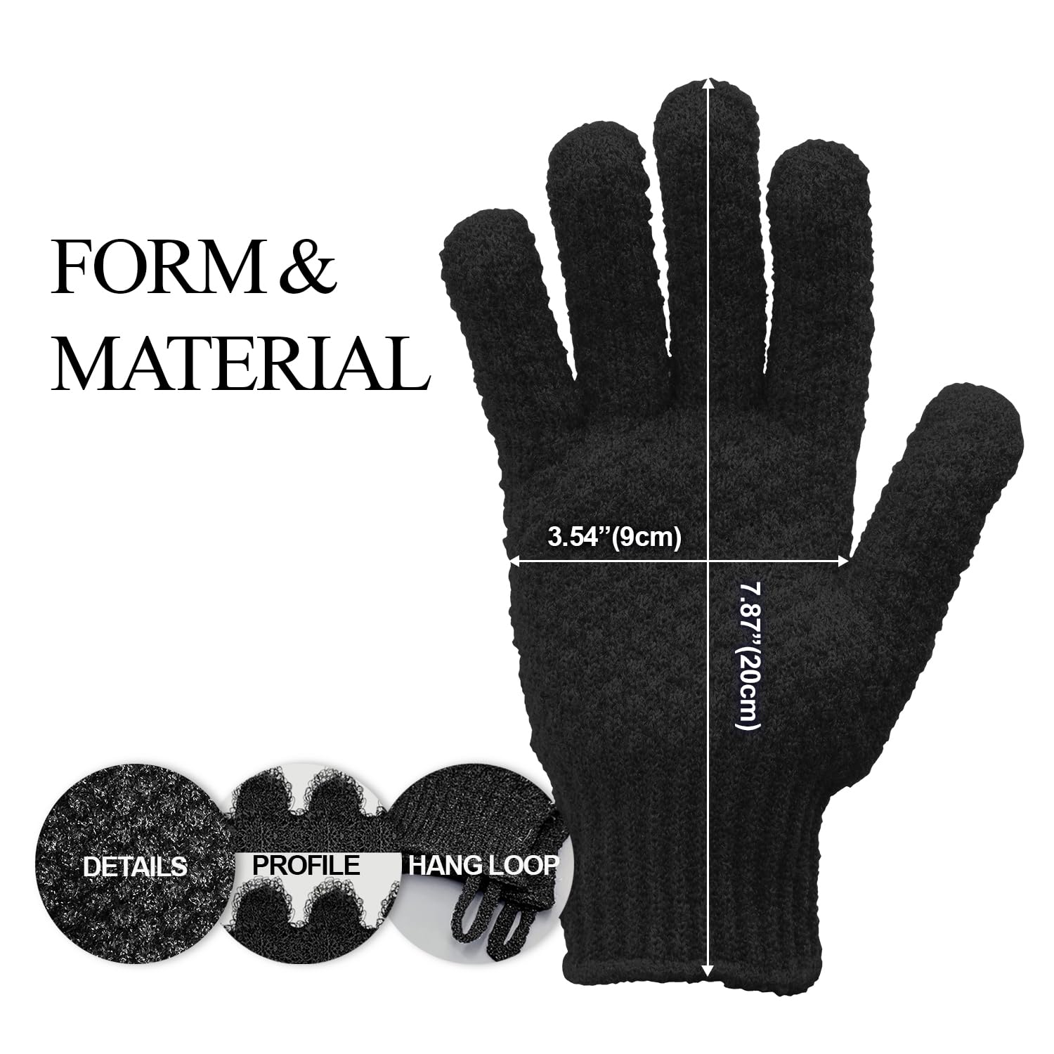 Evridwear Exfoliating Dual Texture Bath Gloves for Shower, Spa, Massage and Body Scrubs, Dead Skin Cell Remover, Gloves with Hanging Loop (1 Pair Black Heavy Glove)