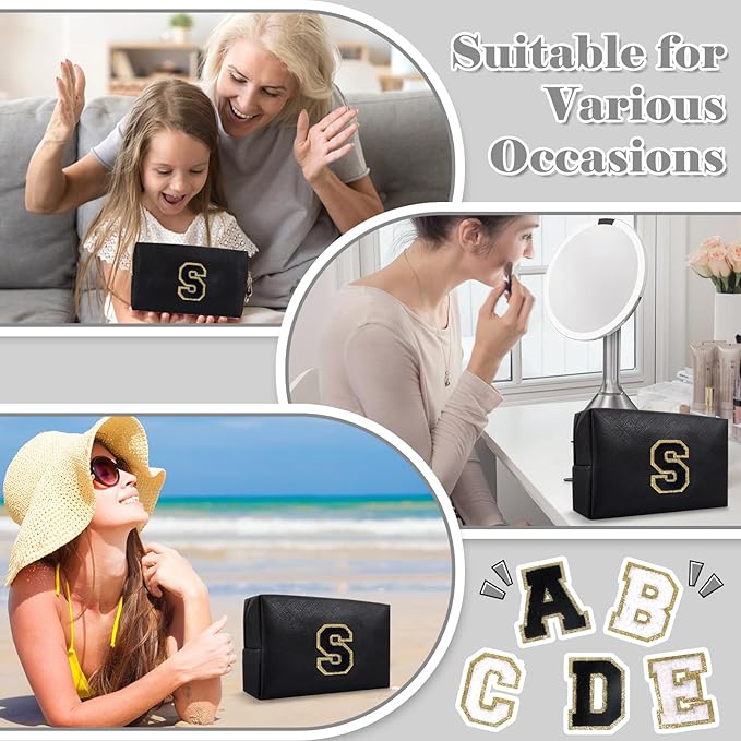 Personalized Initial A-Z Preppy Patch Makeup Bag,Small PU Chenille Letter Cosmetic Bag with Zipper for Teen Girls,Black Cute Toiletry Organizer Bag,Monogram Makeup Case Gift for Women Girls,Letter S