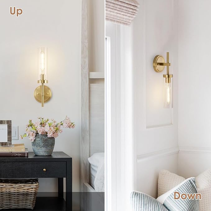Hardwired Wall Sconces Set of Two, Brushed Gold Bathroom Sconces Wall Lighting Vanity Light Fixtures with Clear Glass, Brushed Brass Wall Decor Lights for Mirror Living Room Bedroom Hallway Stairwell