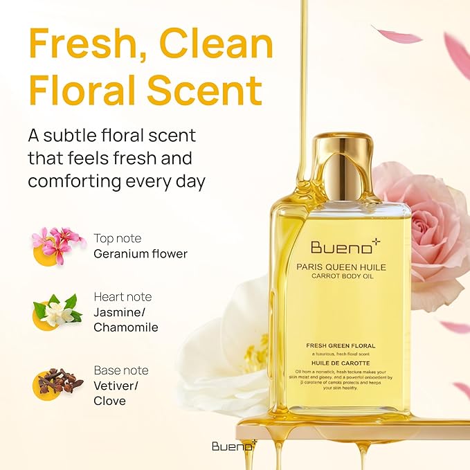 Bueno+ Paris Queen Huile Carrot Body Oil | Fast-Absorbing Non-Greasy Glow Formula | Brightens & Hydrates with Carrot Extract & Beta-Carotene | Fresh Green Floral Scent | All Skin Types | 6.7 Fl Oz