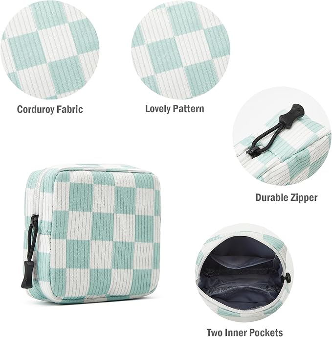 ZOEMTIU Small Makeup Bag for Purse,Mini Cosmetics Bag cute Zipper corduroy Cosmetic Pouch Storage Pouch Travel Toiletry Organizer for Women Girls(Checkered Green)