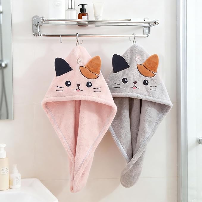 2Pack Microfiber Hair Towel Wrap for Kids, Cute Cat Absorbent Hair Drying Turbans Head Towels for Women Girls (Gray and Light Pink Cat)