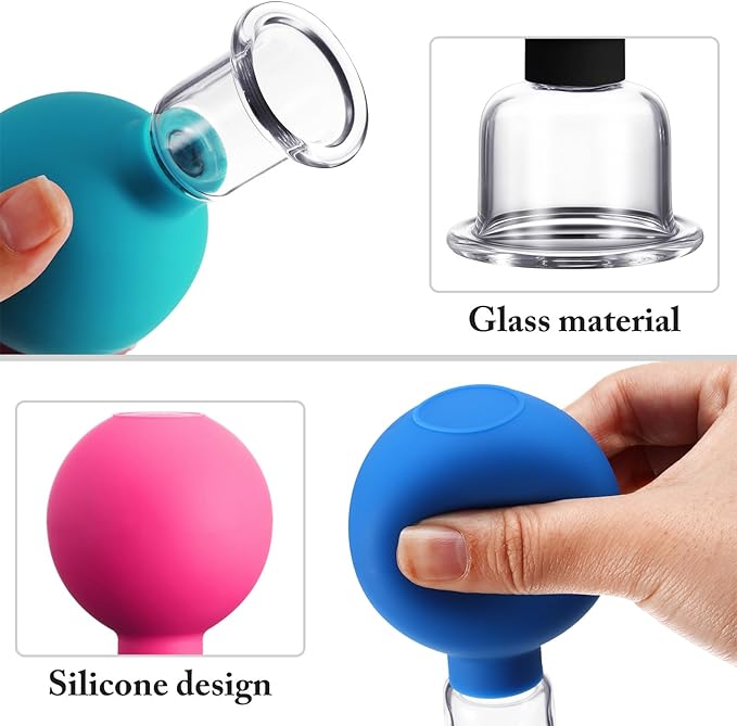 BBTO 4 Pieces Glass Cupping Set Glass Silicone Cupping Cups Massage Vacuum Suction Cups for Body Face Leg Arm Back Shoulder Muscle and Joint Pain(Multicolor)