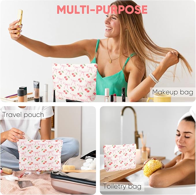 Ksriylm Cute Cherry Makeup Pouch for Women Small Make Up Bag for Purse Zipper Initial Makeup Cosmetic Bags Pouches for Purse Aesthetic Travel Toiletry Bags, Pink Cherries Bows