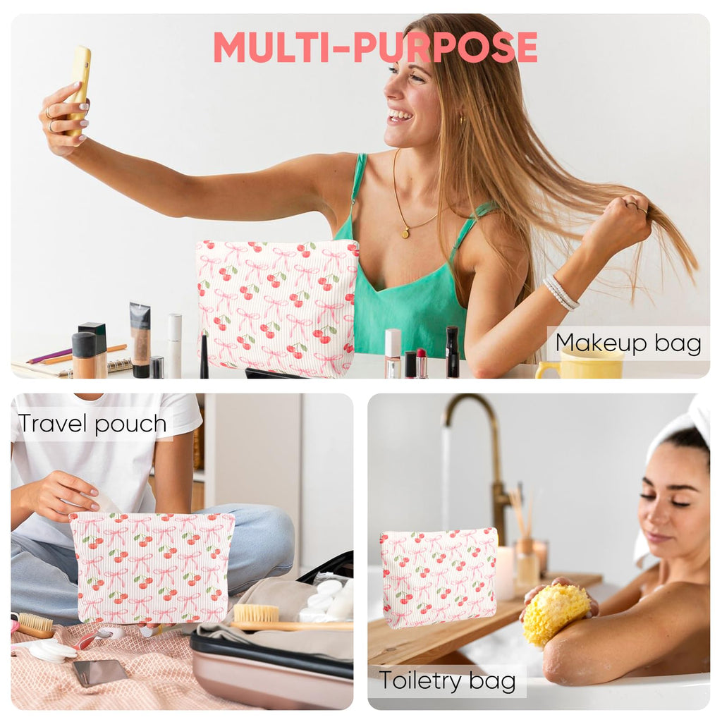 Ksriylm Cute Cherry Makeup Pouch for Women Small Make Up Bag for Purse Zipper Initial Makeup Cosmetic Bags Pouches for Purse Aesthetic Travel Toiletry Bags, Pink Cherries Bows