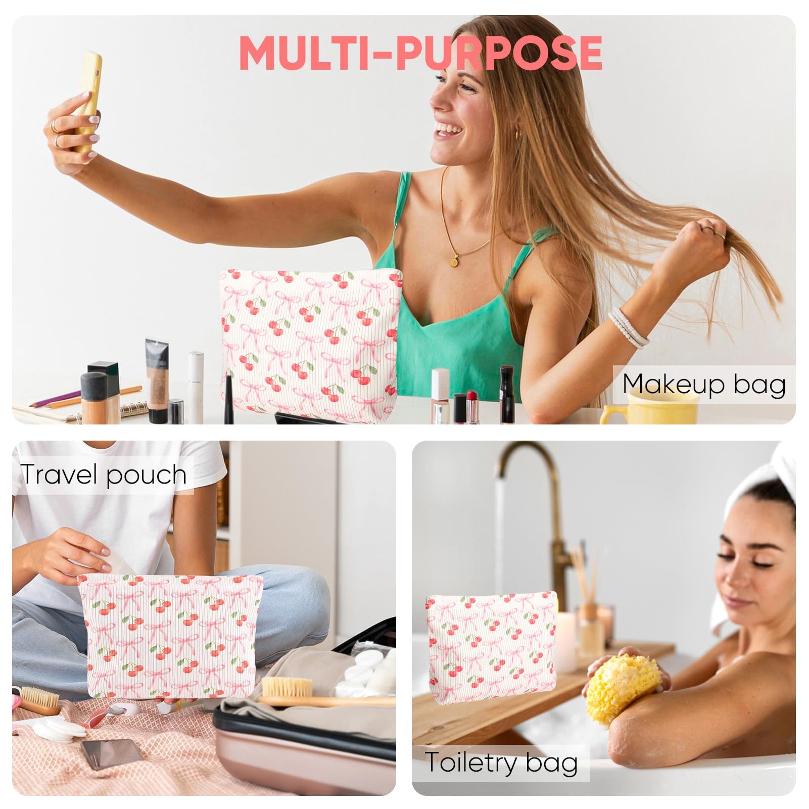 Ksriylm Cute Cherry Makeup Pouch for Women Small Make Up Bag for Purse Zipper Initial Makeup Cosmetic Bags Pouches for Purse Aesthetic Travel Toiletry Bags, Pink Cherries Bows