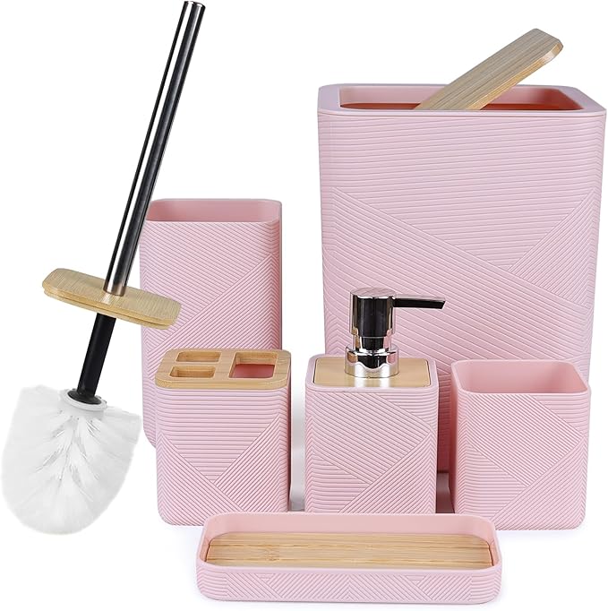CERBIOR Bamboo Bathroom Accessories Set 6 Piece Bath Ensemble（Pink）