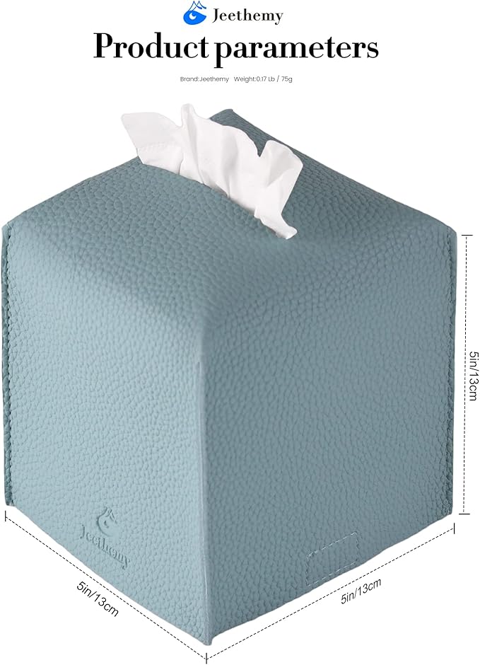 Tissue Box Cover, Jeethemy Square PU Leather Tissue Box Holder, Modern Tissue Case Facial Paper Organizer Dispenser，5X5X5'', Three Pack White&Beige&Blue