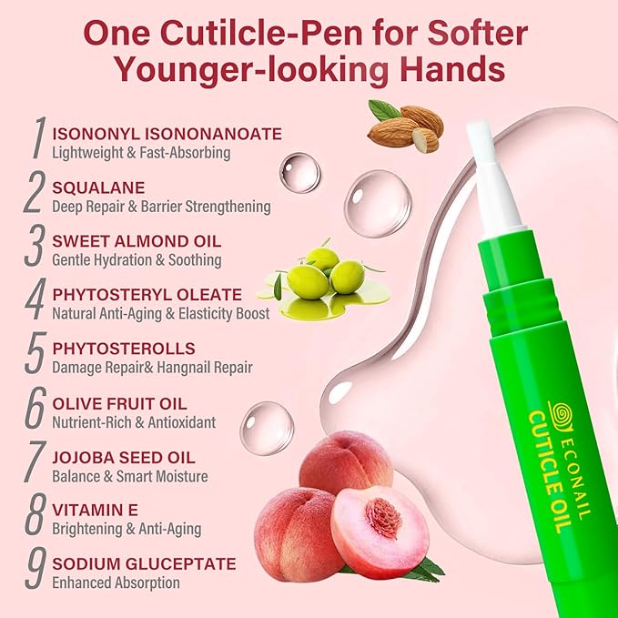 Econail Cuticle Oil Pen x2 pcs, Nourishing Jojoba & Peach Scent for Enhanced Nail Growth and Strength, Portable Nail Oil Care （7mlx2）