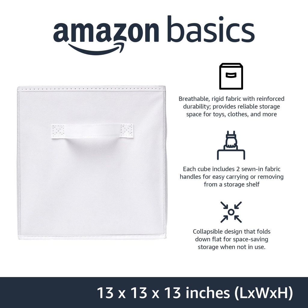 Amazon Basics Collapsible Fabric Storage Bins with Handles, Cube Organizer, 13"x13"x13", White, 6-Pack