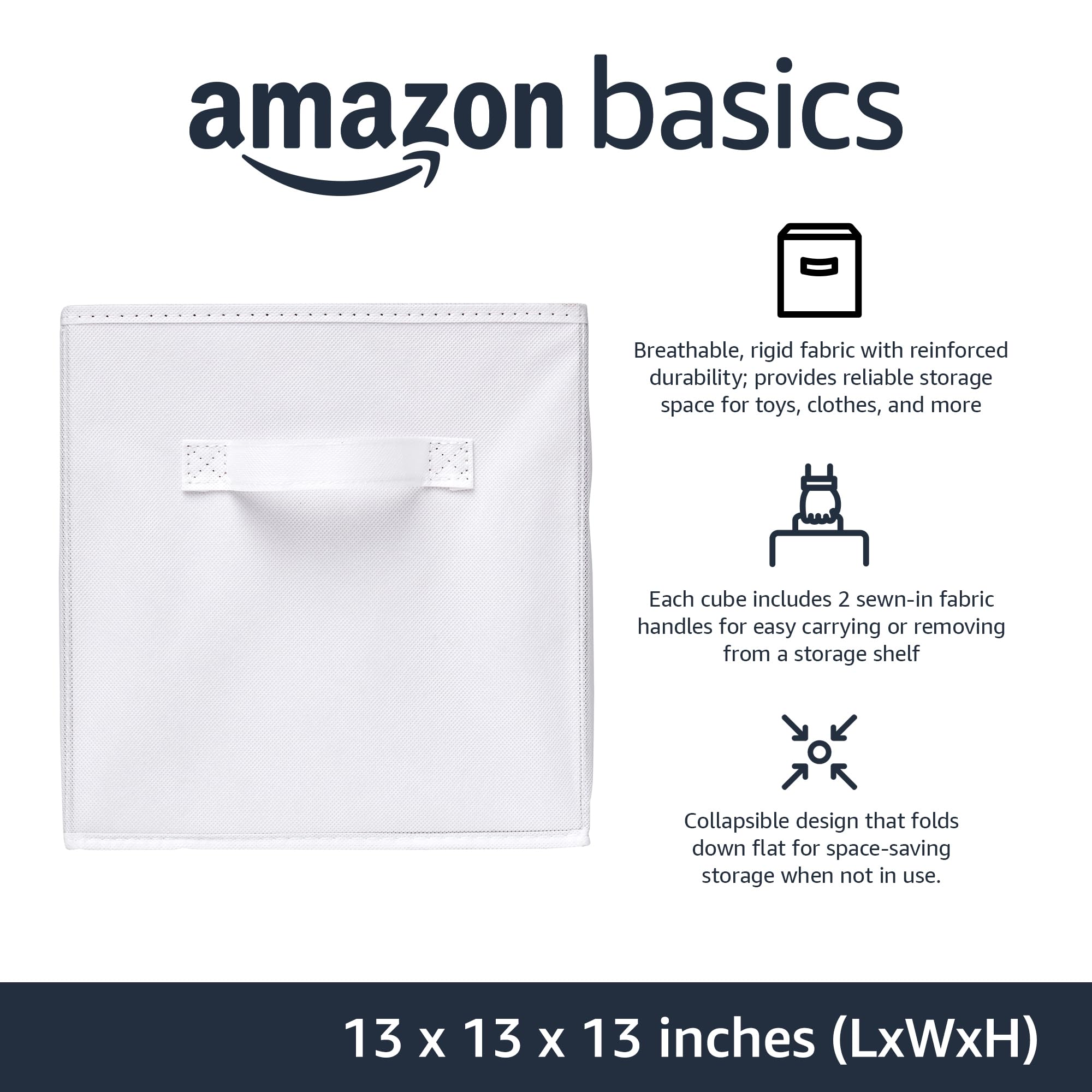 Amazon Basics Collapsible Fabric Storage Bins with Handles, Cube Organizer, 13"x13"x13", White, 6-Pack