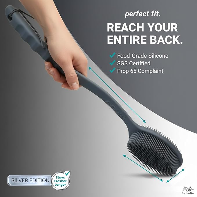 Avilana Silicone Body Scrubber for Shower – SGS Certified Food Grade Dual Sided Bath Brush, Gentle Exfoliating Silicone Loofah Alternative, Sensitive Skin Body Brush (Dark Gray-Silver, Long Handle)