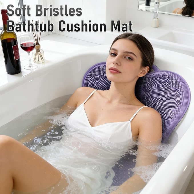 Vynusio Back Scrubber Body Bath Cushion for Tub Bathtub with Back Lumbar Ergonomic Support, Silicone Extra Large Thick Soft Seat Pad Non-Slip Suction Cups, Relaxing Spa Exfloating Scrubber Mat Purple