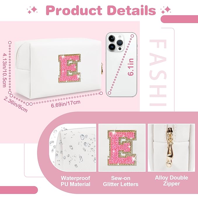 Small Personalized Initial A-Z Patch Makeup Bag,White Cute PU Leather Glitter Letter Cosmetic Bag for Teen Girls,Travel Toiletry Bag with Zipper,Preppy Monogrammed Birthday Gift for Daughter Niece E
