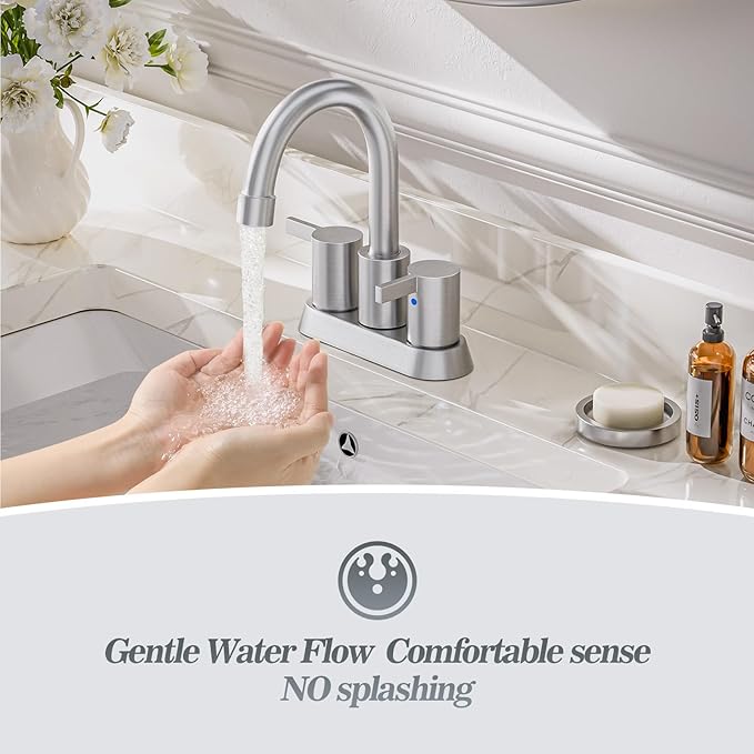 Phiestina Brushed Nickel 4 Inch 2 Handle Centerset Lead-Free Bathroom Sink Faucet 2 Pack, with Copper Pop Up Drain and Water Supply Lines,BF15-1-BN-2PACK