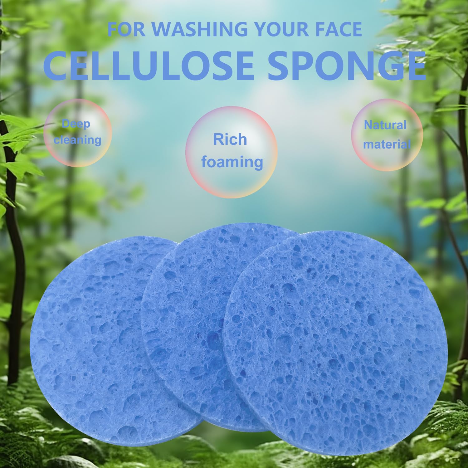 50-Count Large Compressed Facial Sponges for Estheticians, Daily Cleansing and Gentle Exfoliating- 100% Natural Cellulose Spa Sponge Perfect for Removing Dead Skin, Dirt and Makeup (Round 2.95",Blue)