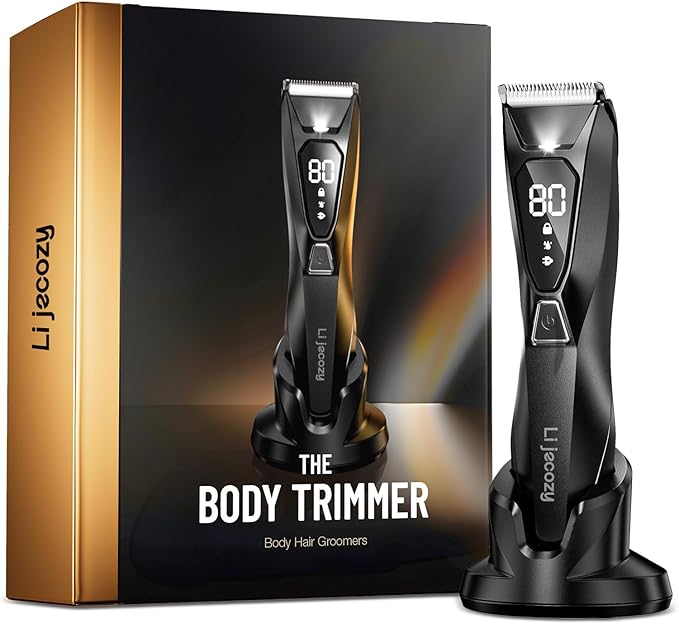 Lijecozy Body Hair Trimmer for Men: Pubic Hair Trimmer with Wireless Charging & 4000K LED Display, Waterproof Wet Dry Body Groomer for Face Legs, 90Min, Ceramic Blade