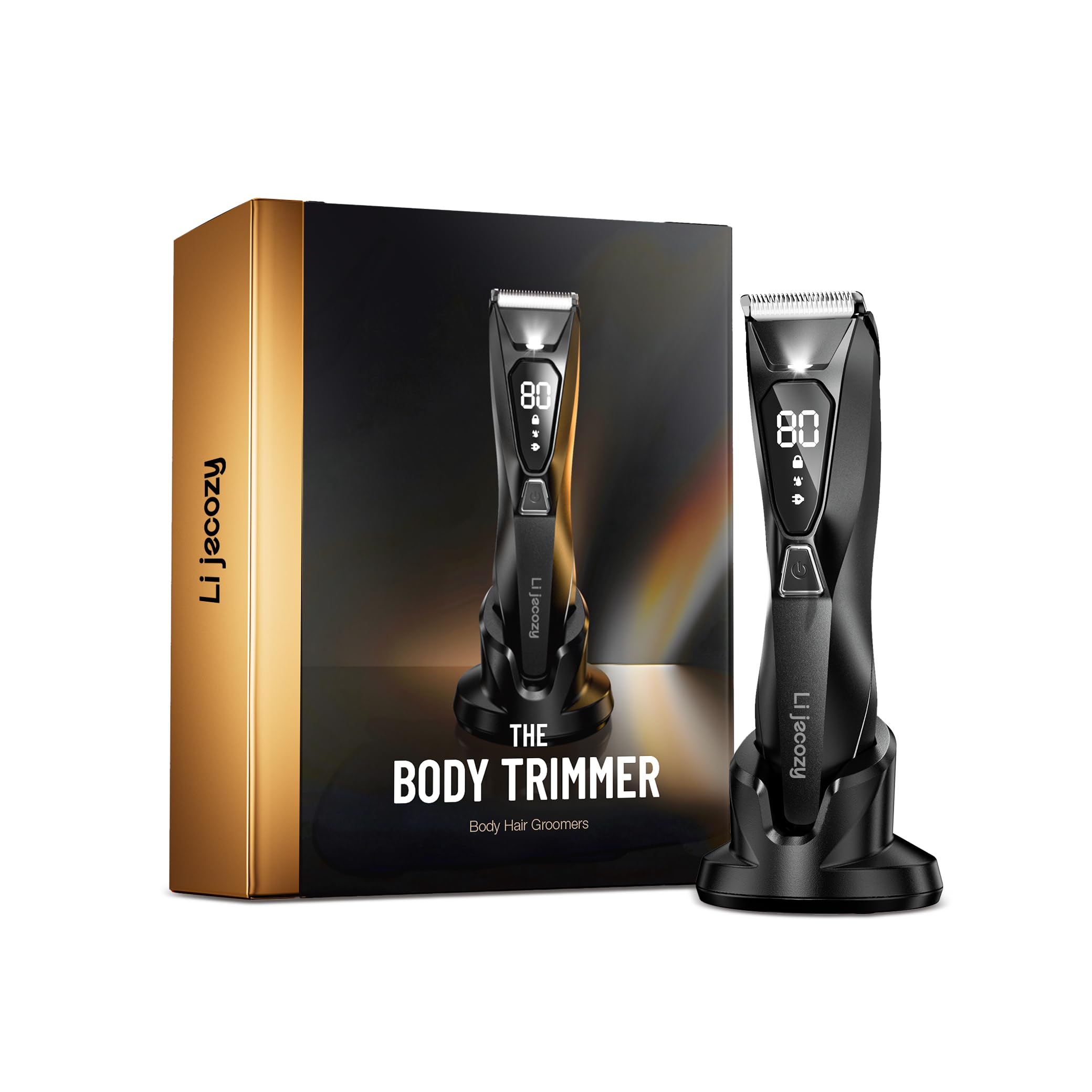 Lijecozy Body Hair Trimmer for Men: Pubic Hair Trimmer with Wireless Charging & 4000K LED Display, Waterproof Wet Dry Body Groomer for Face Legs, 90Min, Ceramic Blade
