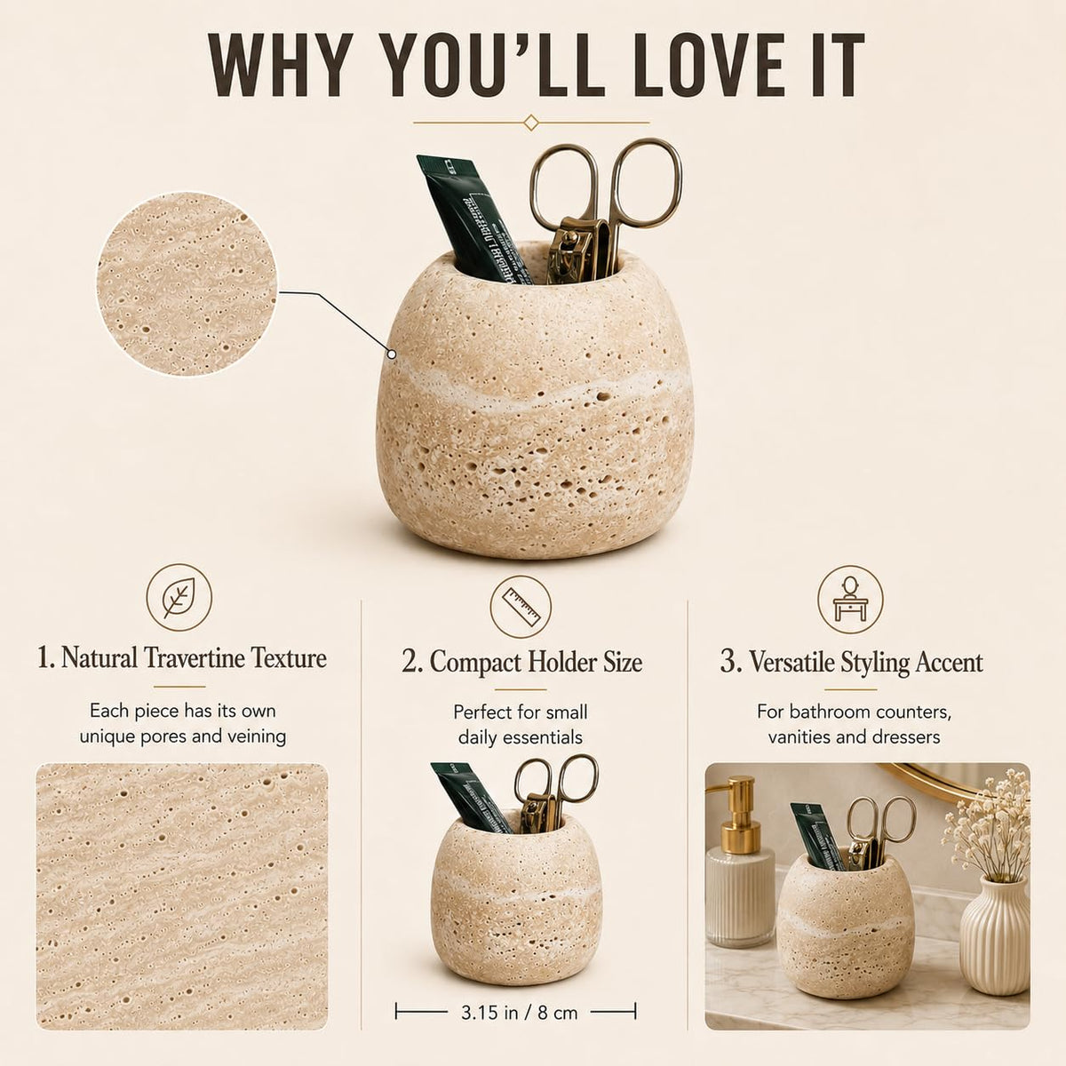 SIRIZEN-DIVING Travertine Toothpick Holder, Small Stone Cup Organizer
