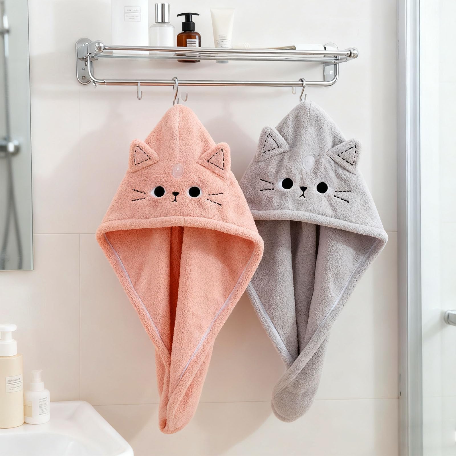 KIGOTWIN 2Pack Microfiber Hair Towel Wrap for Kids, Cute Cat Absorbent Hair Drying Turbans Head Towels for Women Girls (Pink and Gray cat)